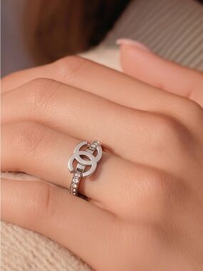 Stainless steel Elegant Silver Interlocking Logo Ring with Pavé Accents